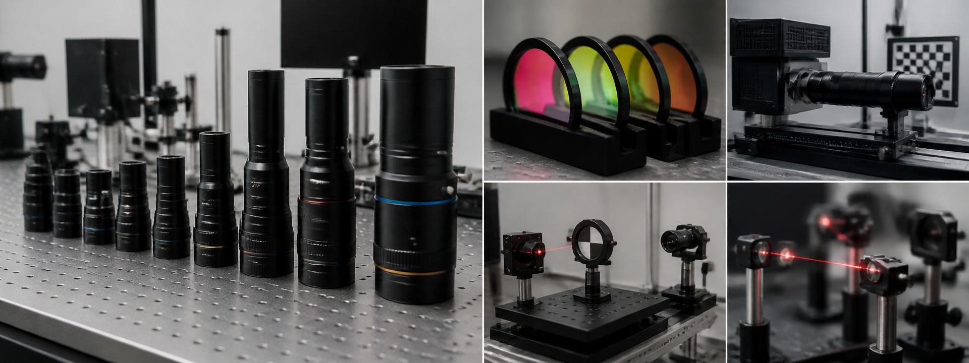Optical laboratory bench with lenses, filters, calibration targets, and alignment equipment